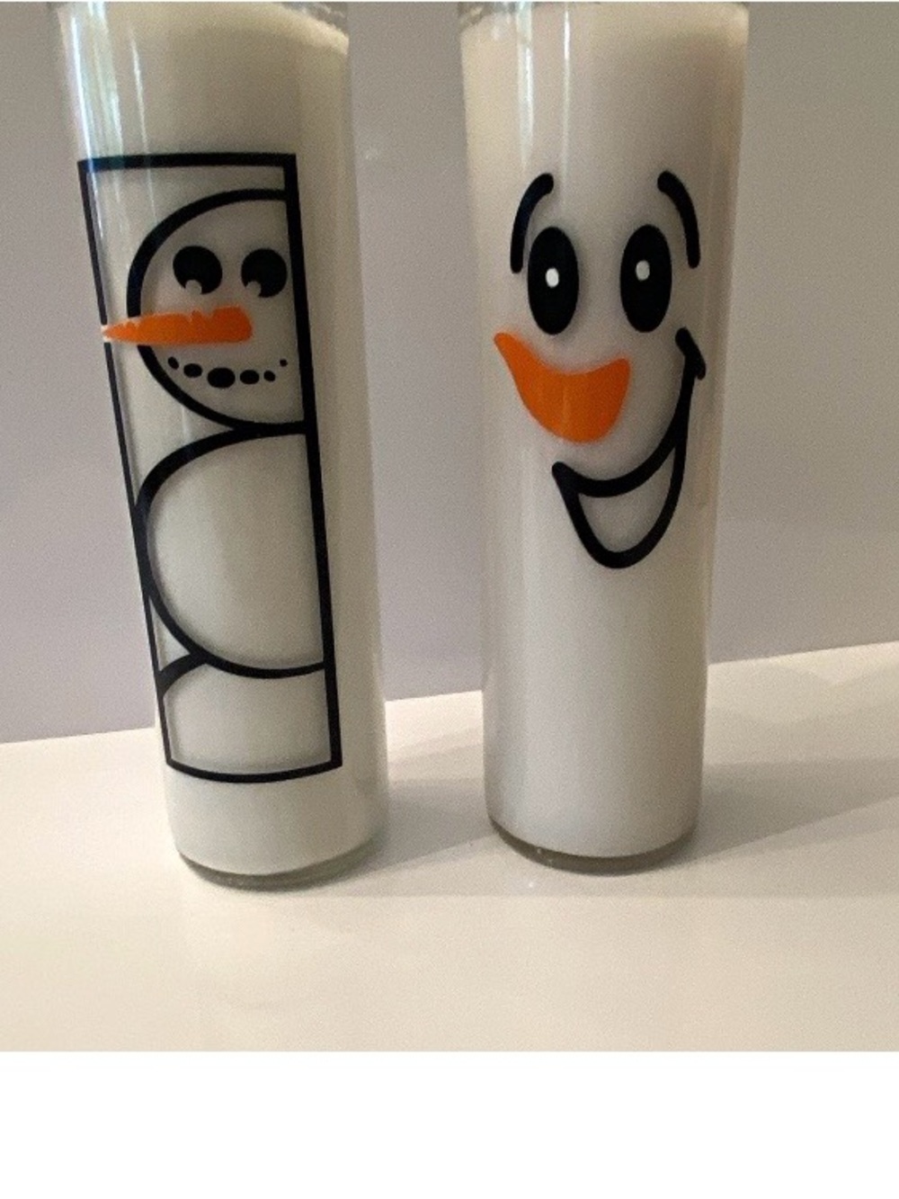 Source Unknown White Snowman Glass Pillar Candle Pair with Orange Noses